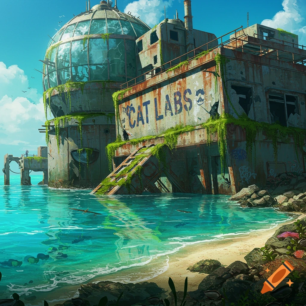 An overgrown, broken futuristic lab building by the sea on a beach.