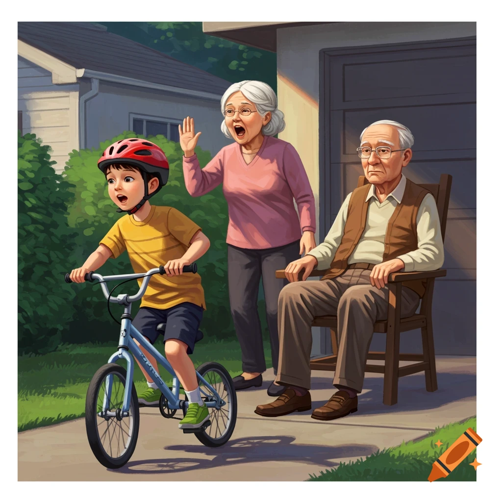 A boy rides a bike past his grandparents on a suburban driveway.
