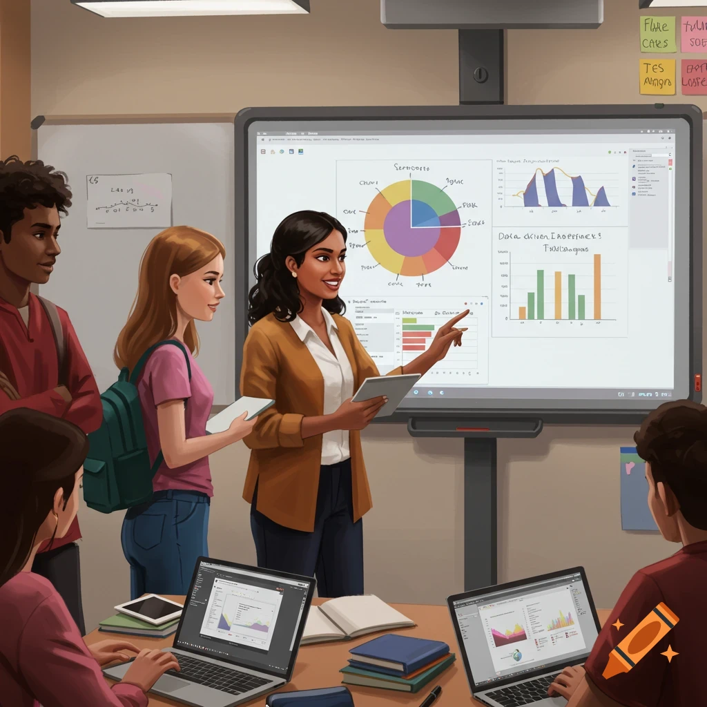 A teacher showing data visualizations to students in a classroom.
