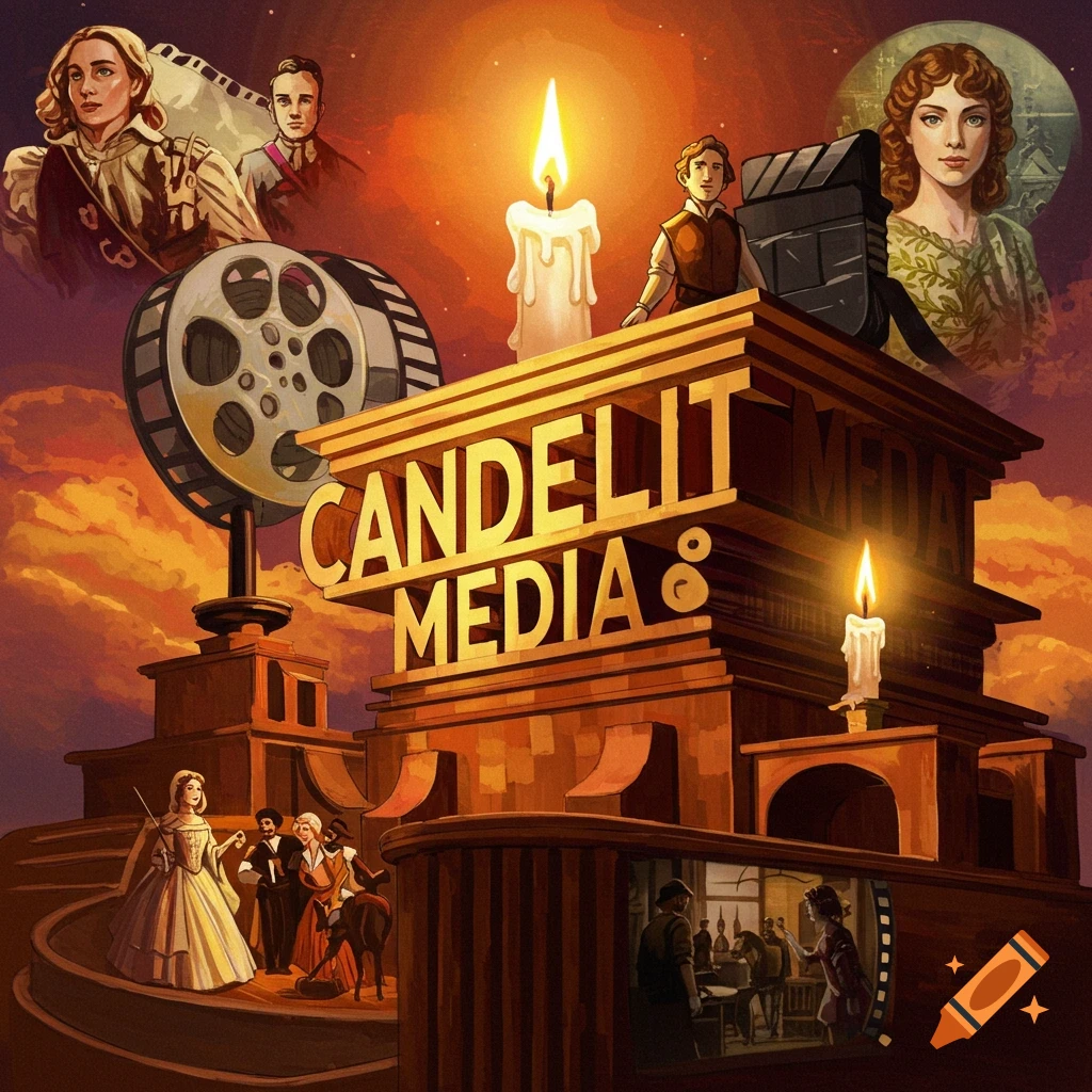 A building labeled 'CANDELIT MEDIA' featuring film reels, candles, and historical figures.
