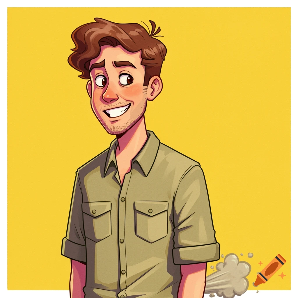 Cartoon portrait of a smiling young man in a khaki shirt discreetly farting on a yellow background.