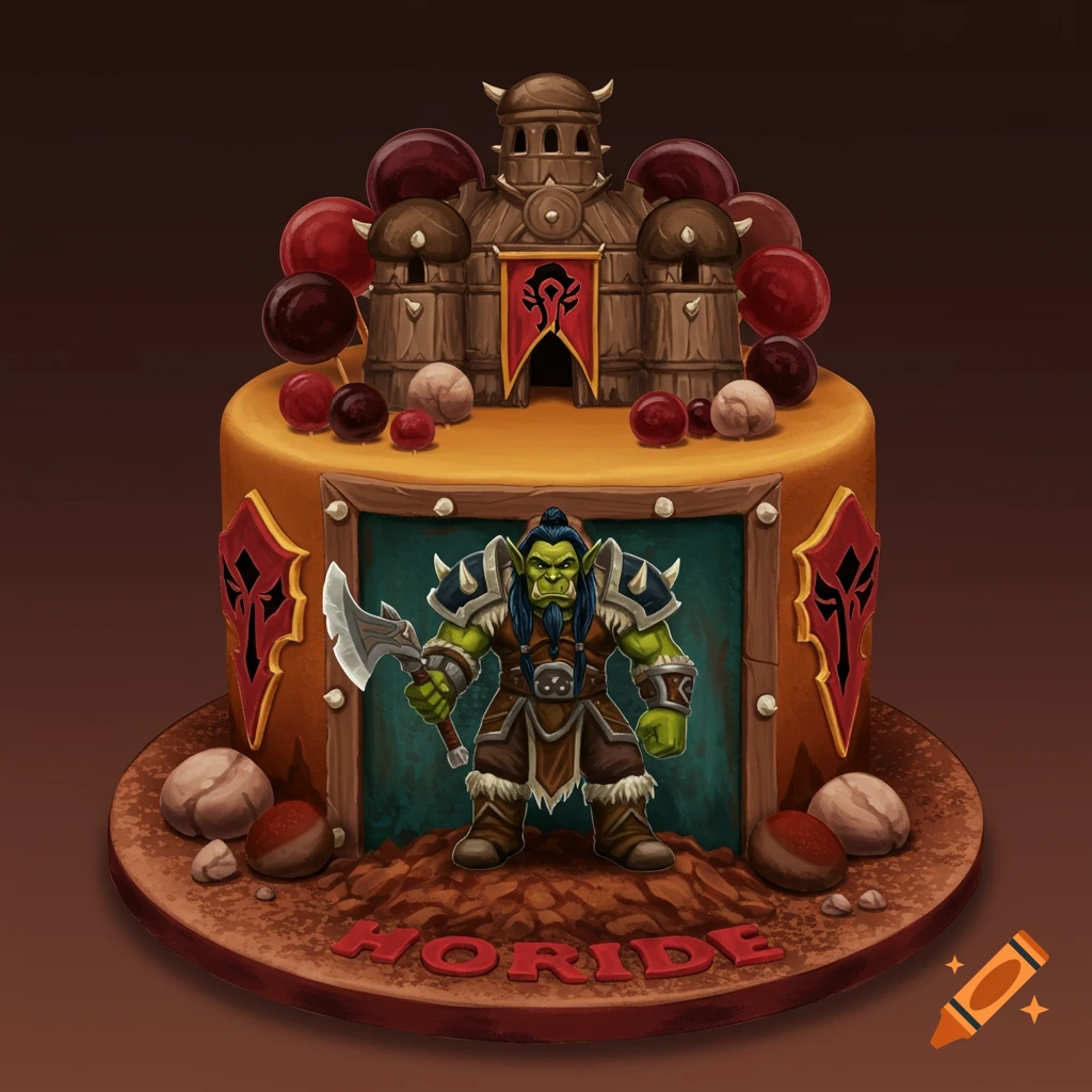 World of Warcraft Horde themed cake with an orc figure and fortress.