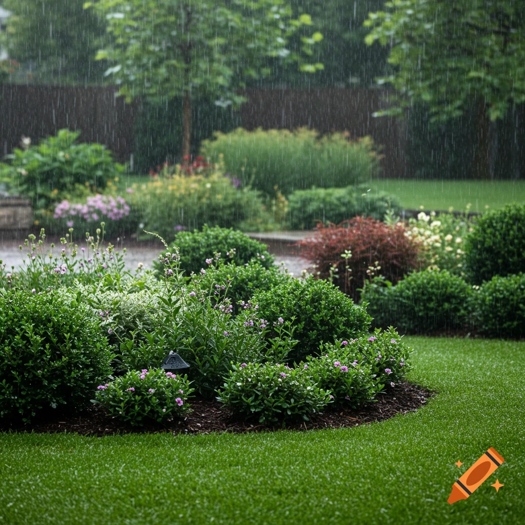 Close-up of a landscaped garden bed and green lawn during a rain shower.