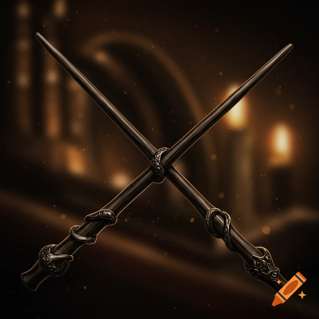 Two ornate wands are crossed in a dark, atmospheric setting.