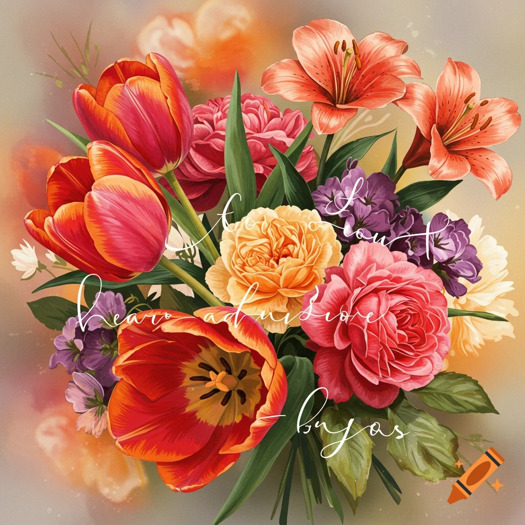A colorful bouquet of tulips, lilies, and other flowers with white text overlaid.