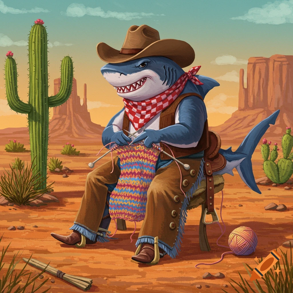 A cowboy shark sits in a desert, knitting.