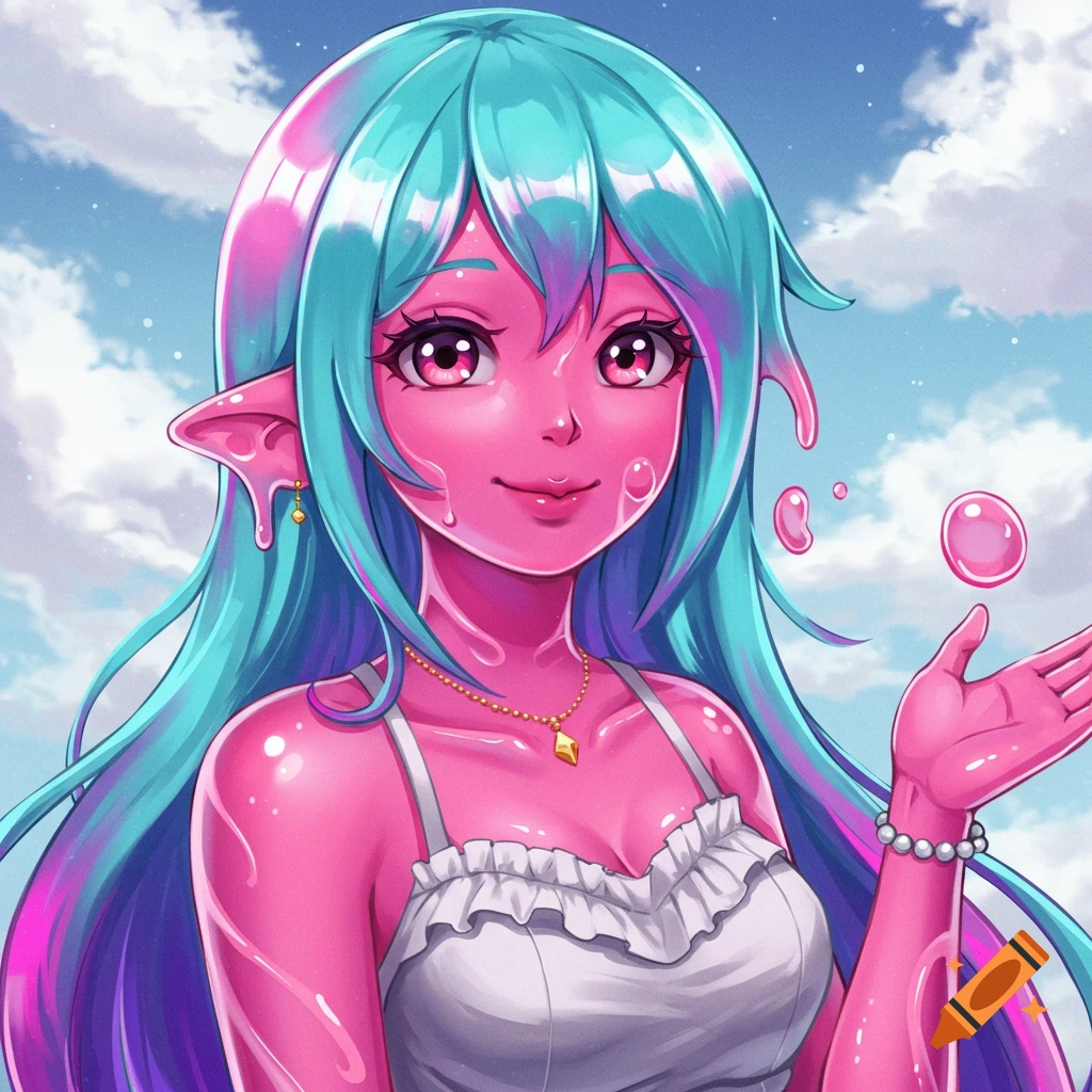 An anime portrait of a translucent pink slime girl with flowing blue and purple hair against a cloudy sky.