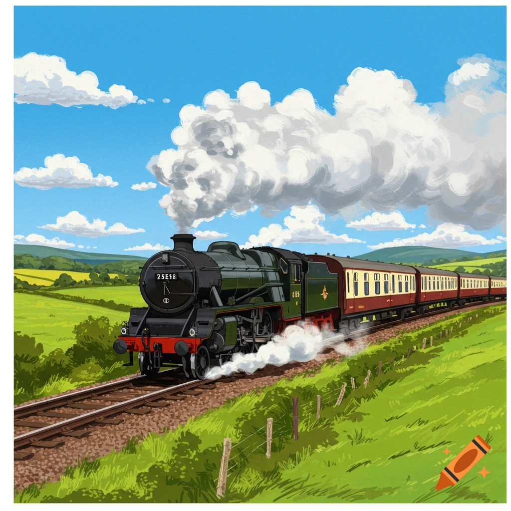 A steam train with carriages traveling through a green landscape