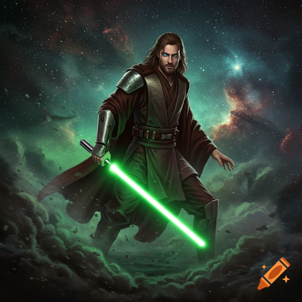 A long-haired man in robes wielding a green lightsaber in space.