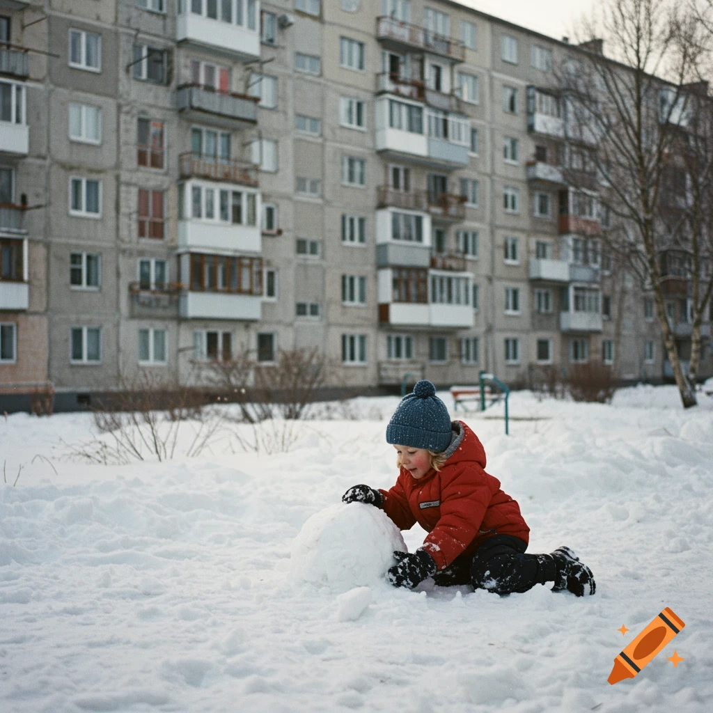A child in a red coat and blue hat builds a snowman in front of a grey apartment building during winter.