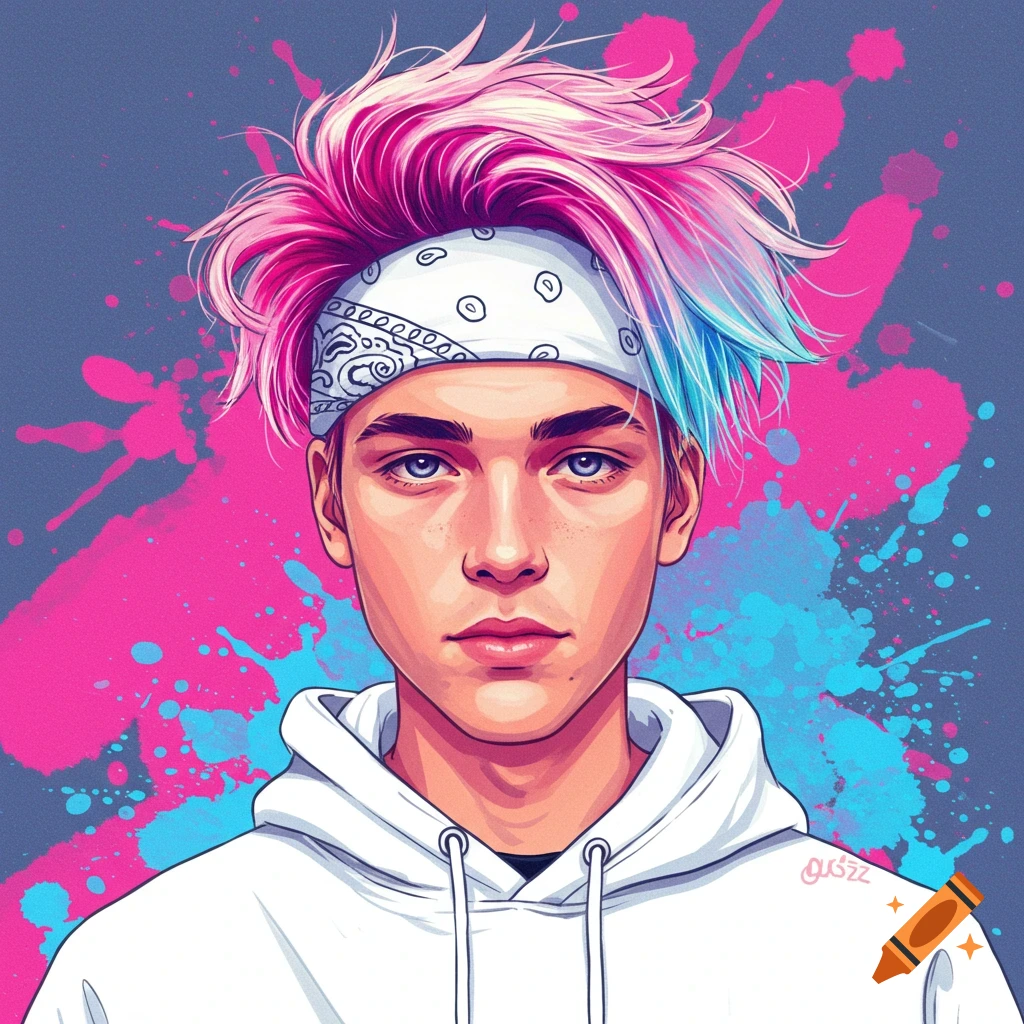 Portrait of a young man with pink and blue hair, bandana, and white hoodie.