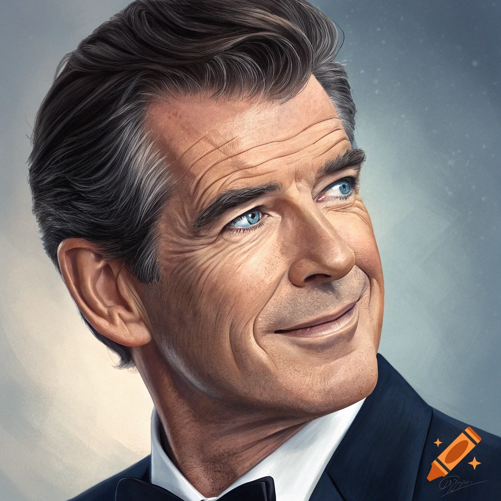 Detailed illustration of Pierce Brosnan in a suit