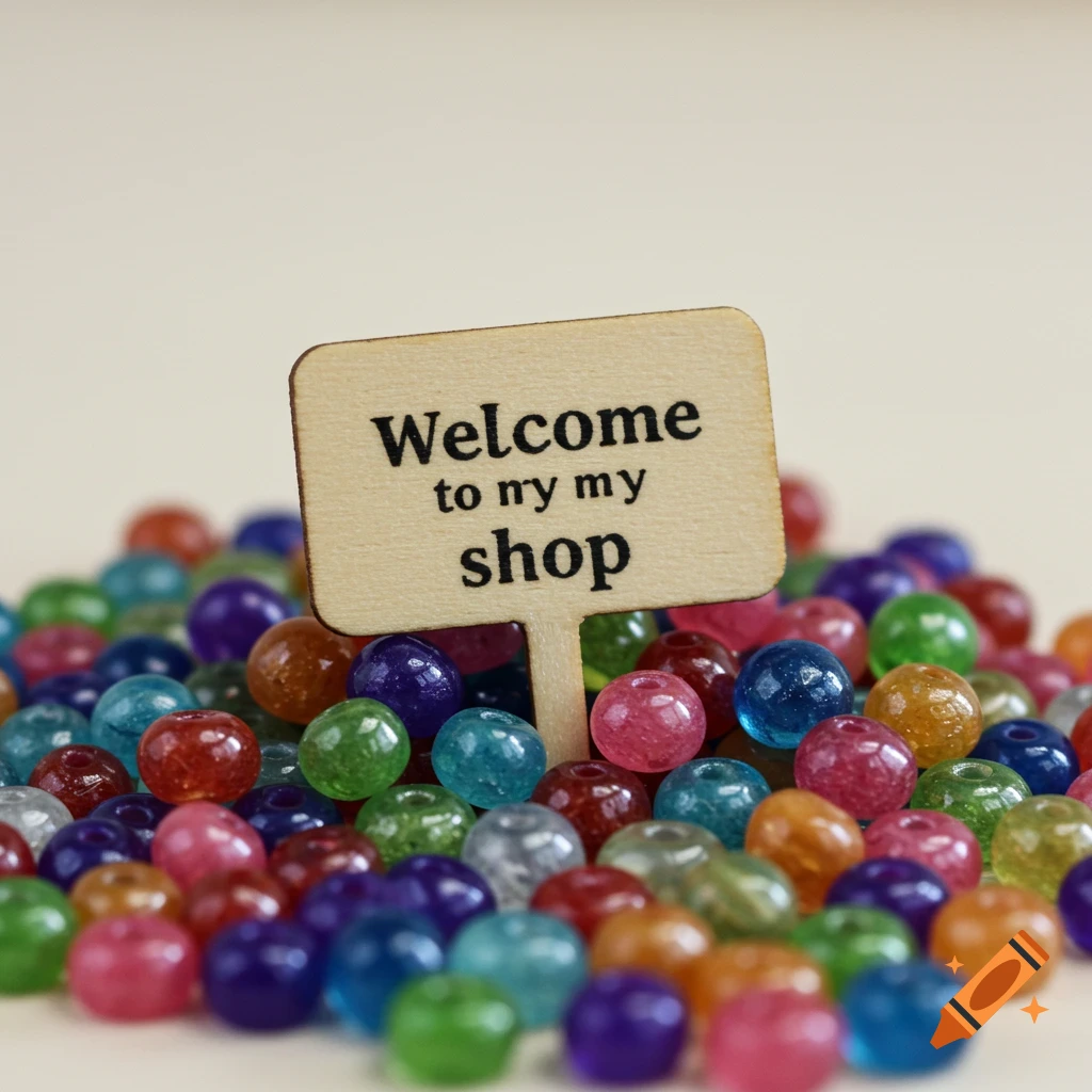 Close-up of a wooden sign saying 'Welcome to my my shop' sitting on a pile of colorful glass beads.
