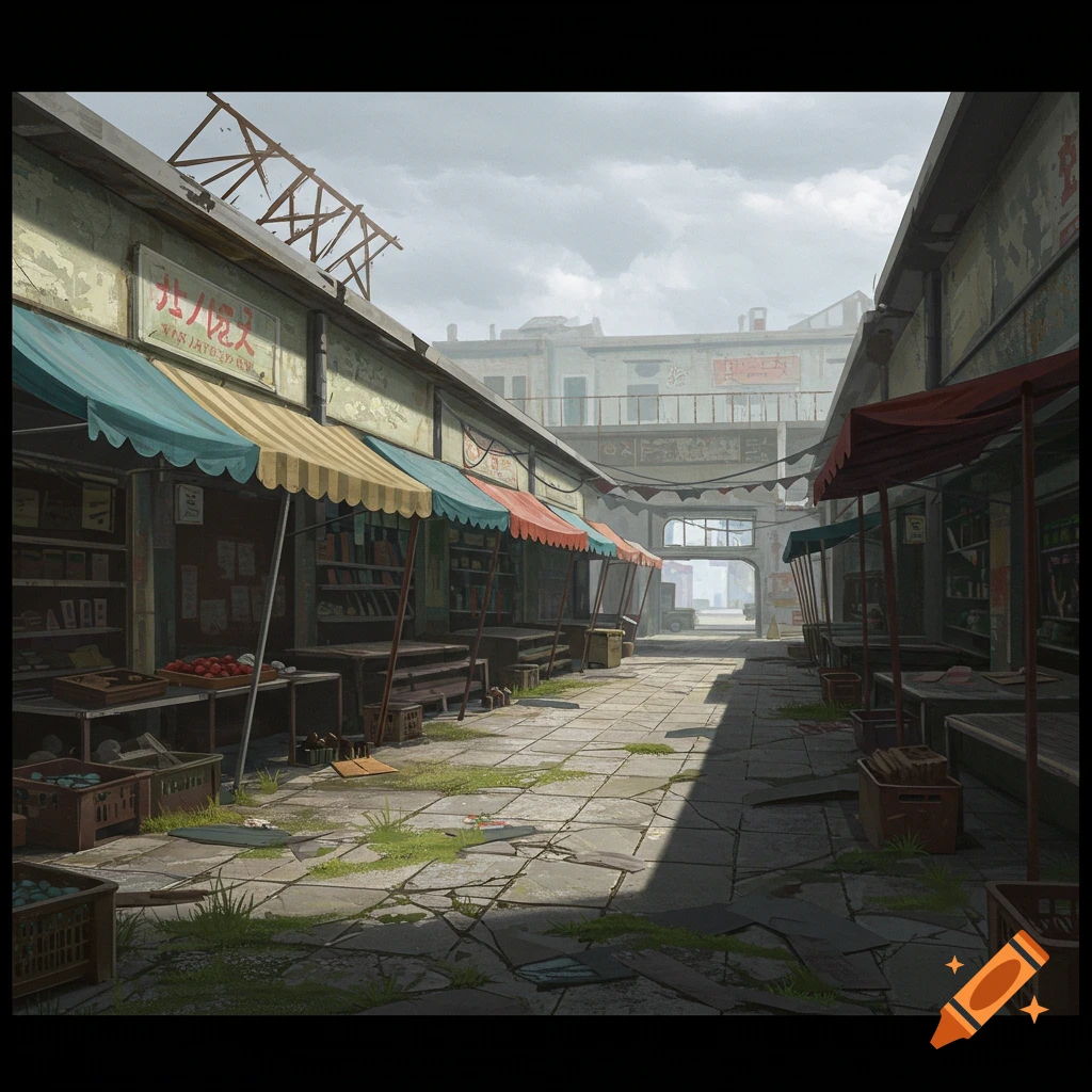 An empty, run-down outdoor market street.