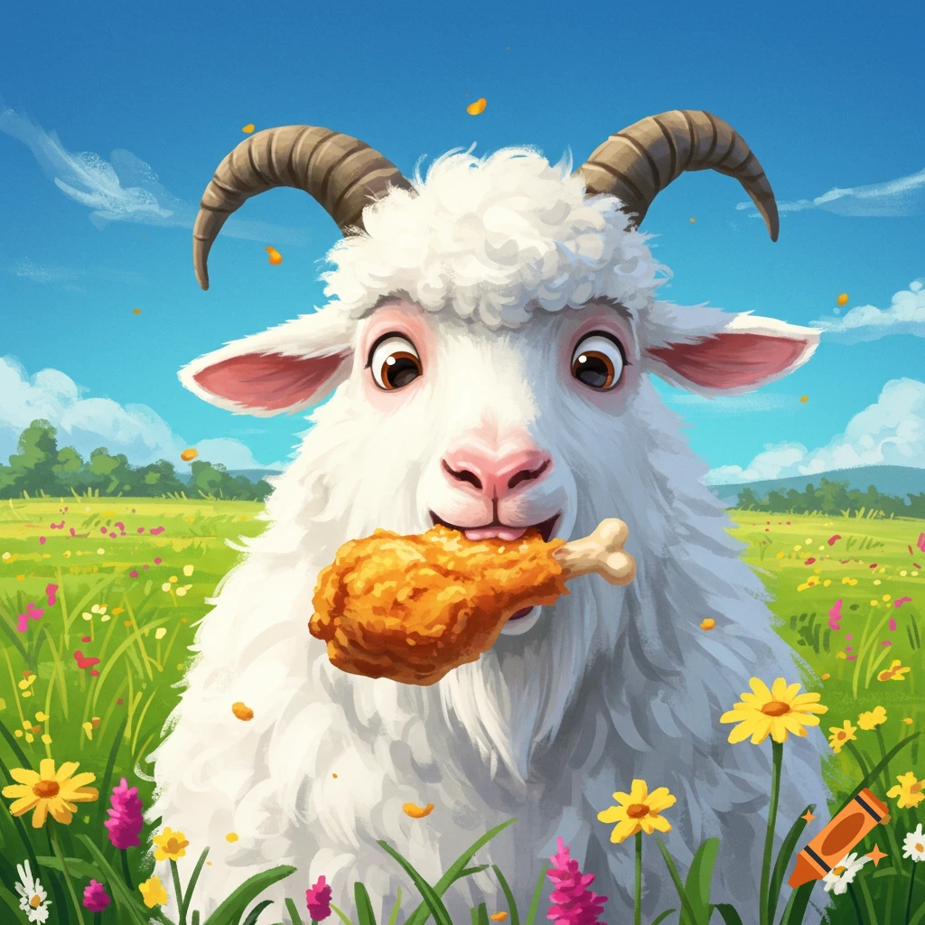 A cartoon goat eats a piece of fried chicken in a field of flowers.