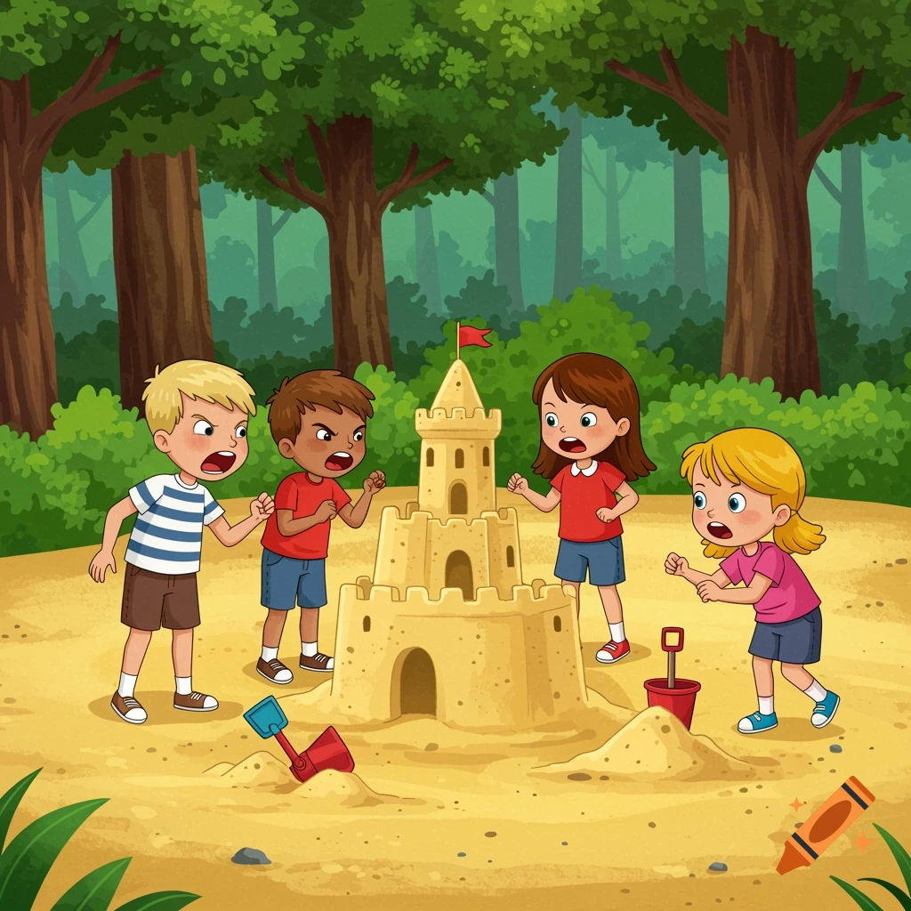 Cartoon illustration of four children around a sandcastle in a forest sandlot. Two boys argue while two girls watch.