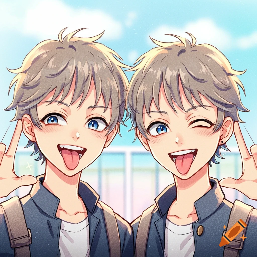 Anime style illustration of twin boys making peace signs and sticking their tongues out with backpacks.
