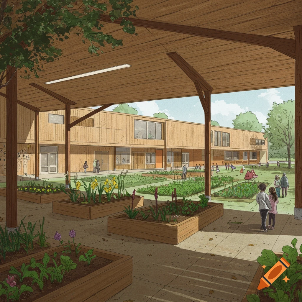 Digital illustration of a school building and gardens with students and staff
