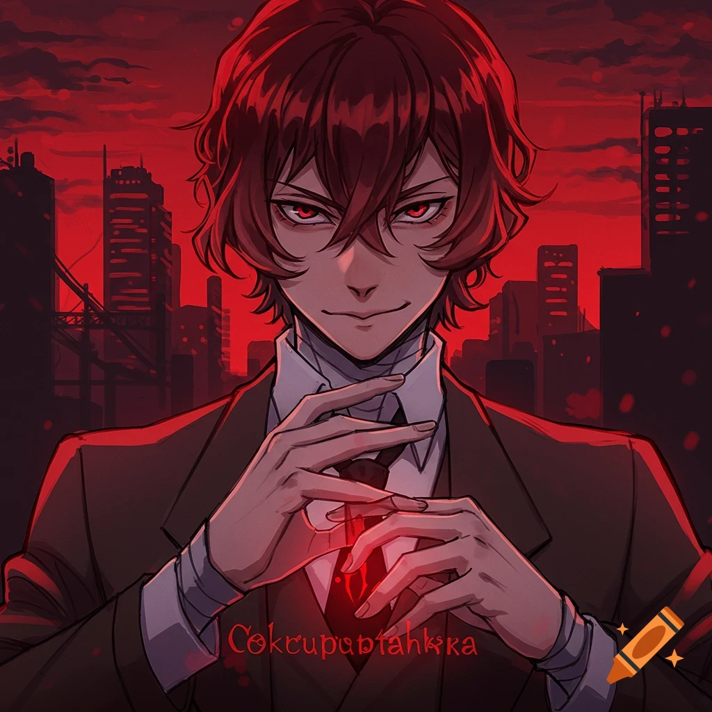 Anime illustration of a man in a suit with red eyes and glowing hands against a red city skyline.