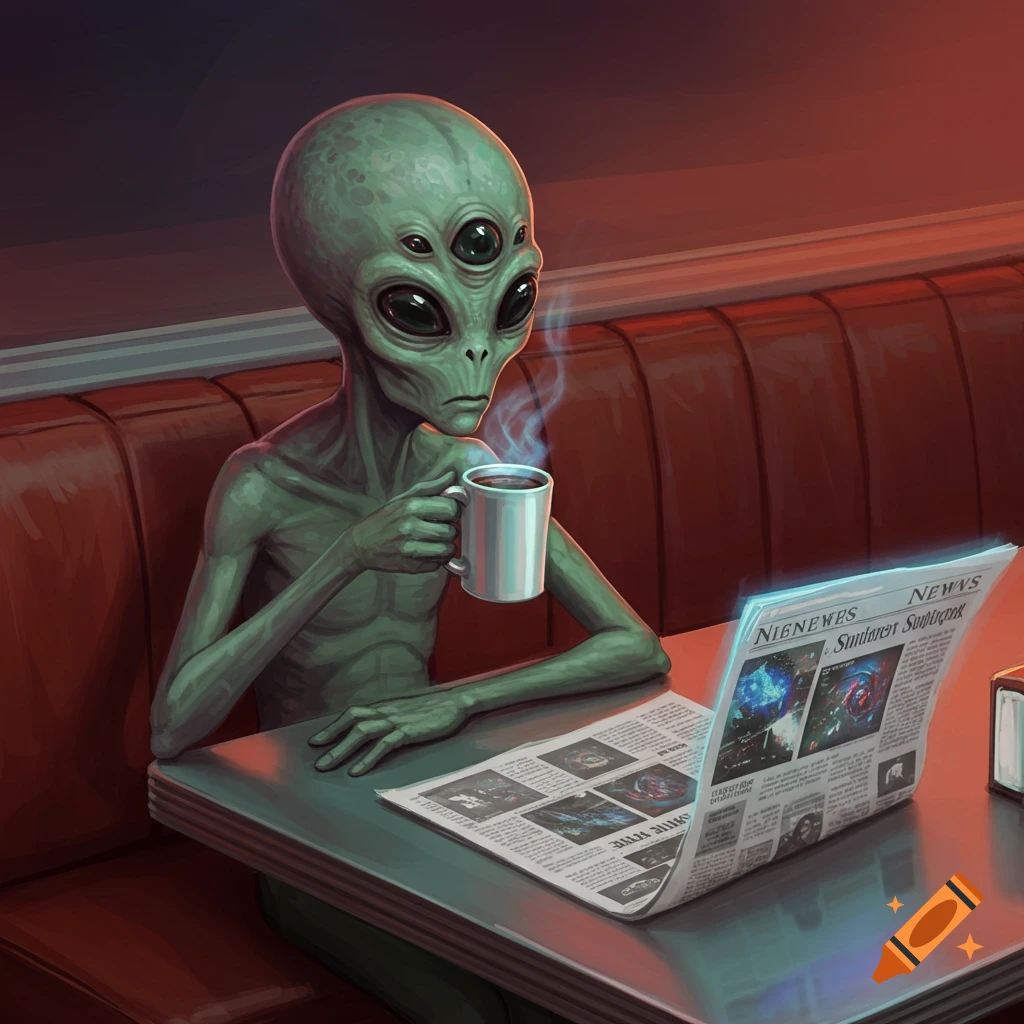 A green alien sitting at a diner booth, drinking coffee and reading a newspaper.