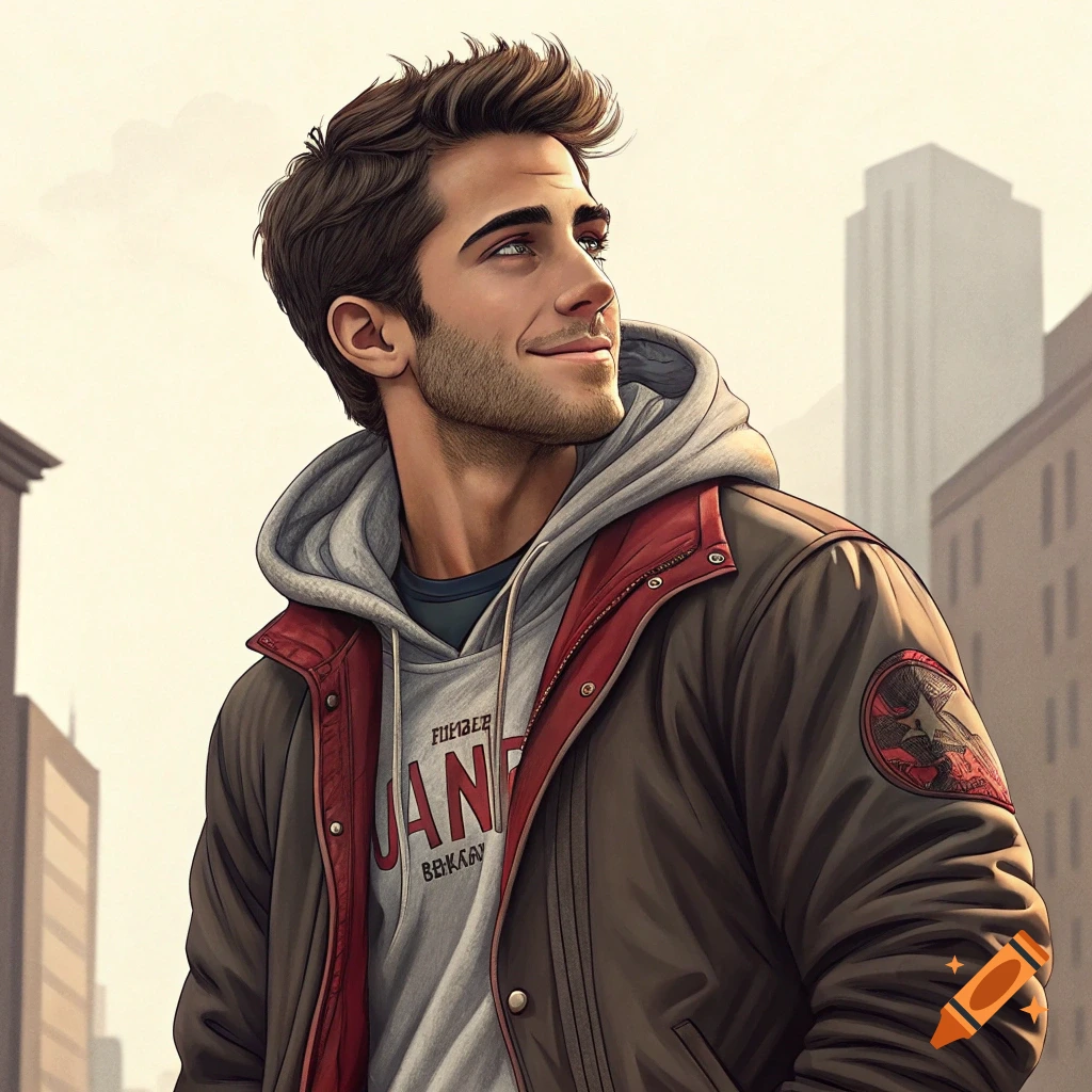 Portrait of a man in a jacket and hoodie looking up in an urban setting.