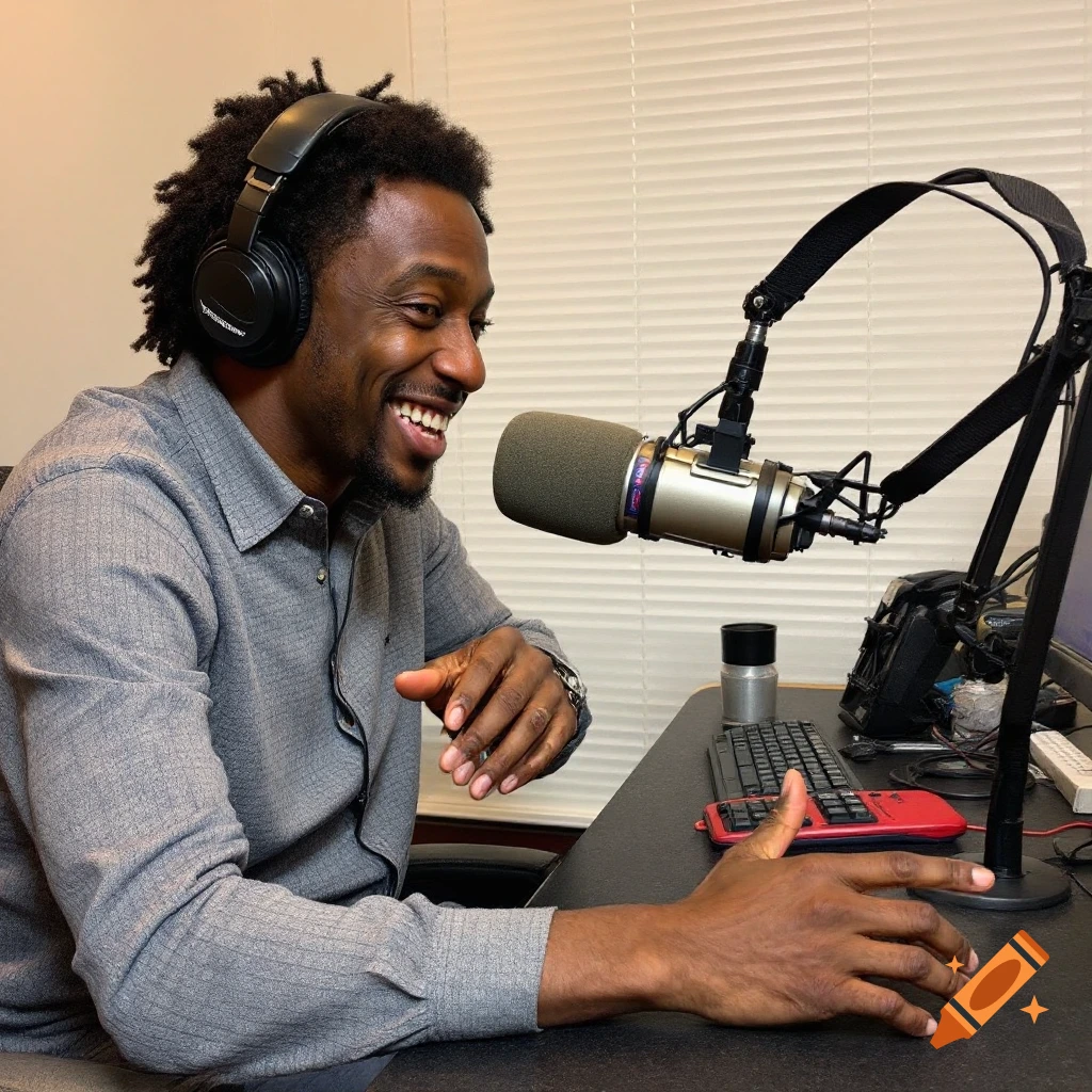 Man with headphones speaking into a microphone at a desk.