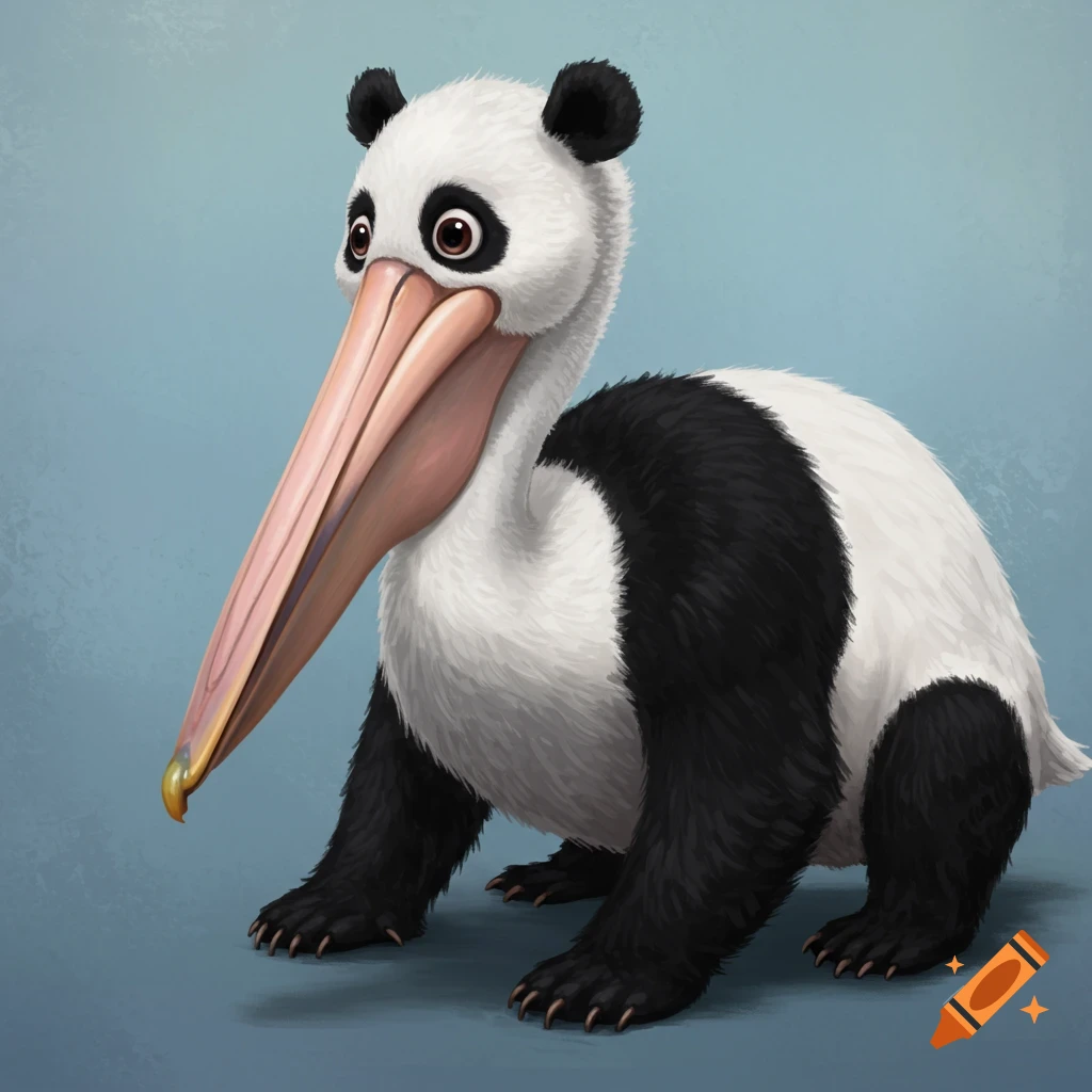 A hybrid pelican and panda creature with a fearful expression.