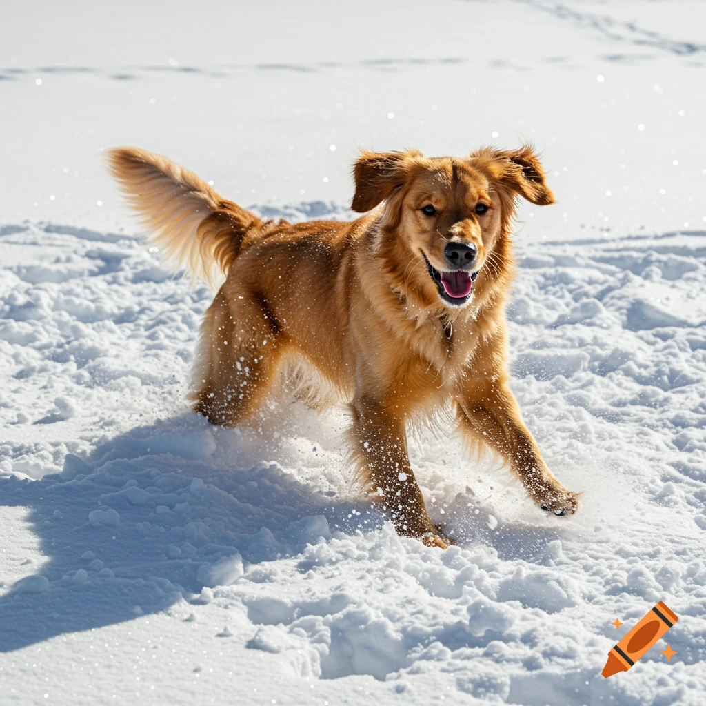 A happy golden retriever runs through snow