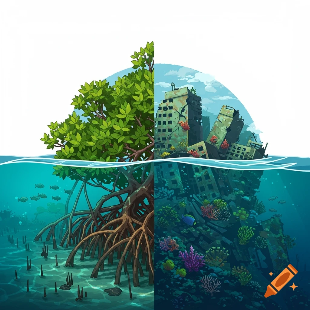 Split illustration: Left shows healthy mangroves with roots in clear water; right shows ruined buildings underwater covered in coral reefs.