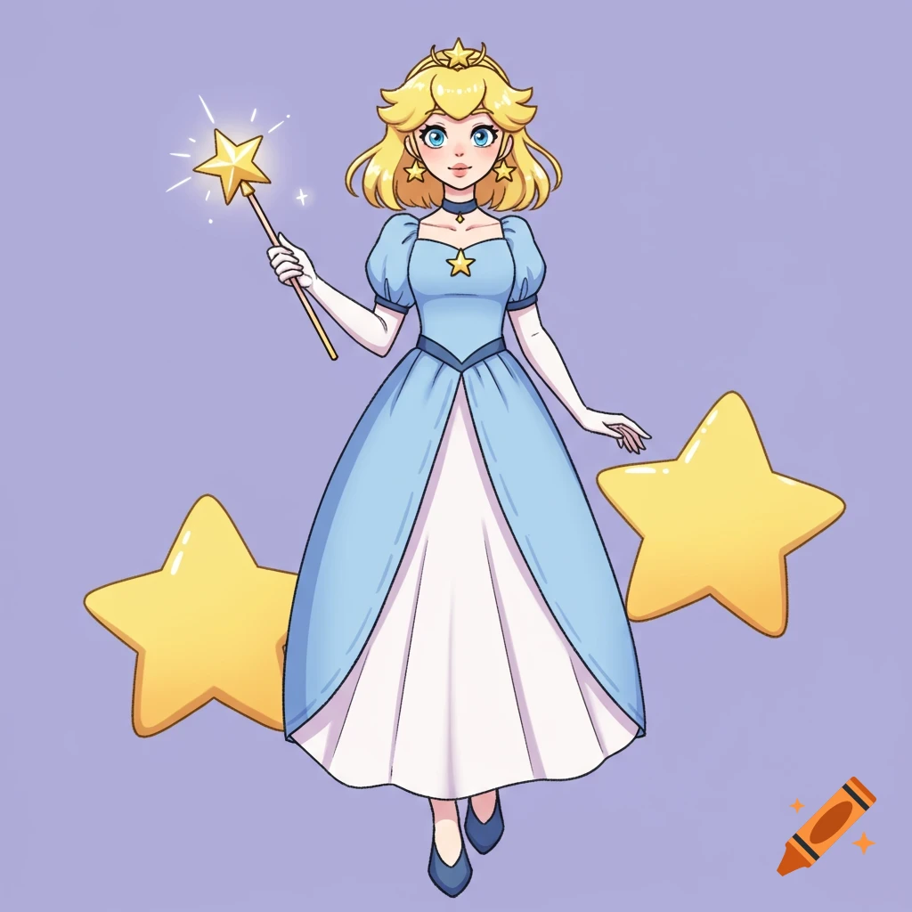 A cartoon princess in a blue dress holds a star-tipped wand, standing with two large yellow stars.
