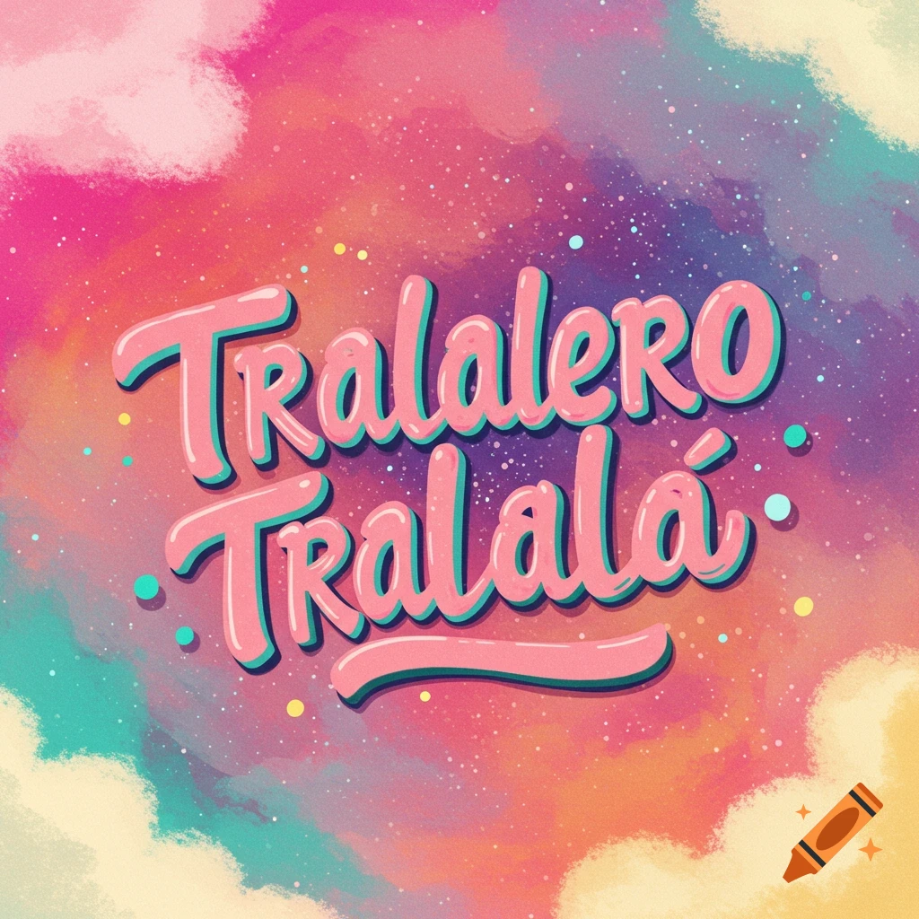 Pink lettering 'TRALALERO TRALALÁ' on a colorful, speckled background