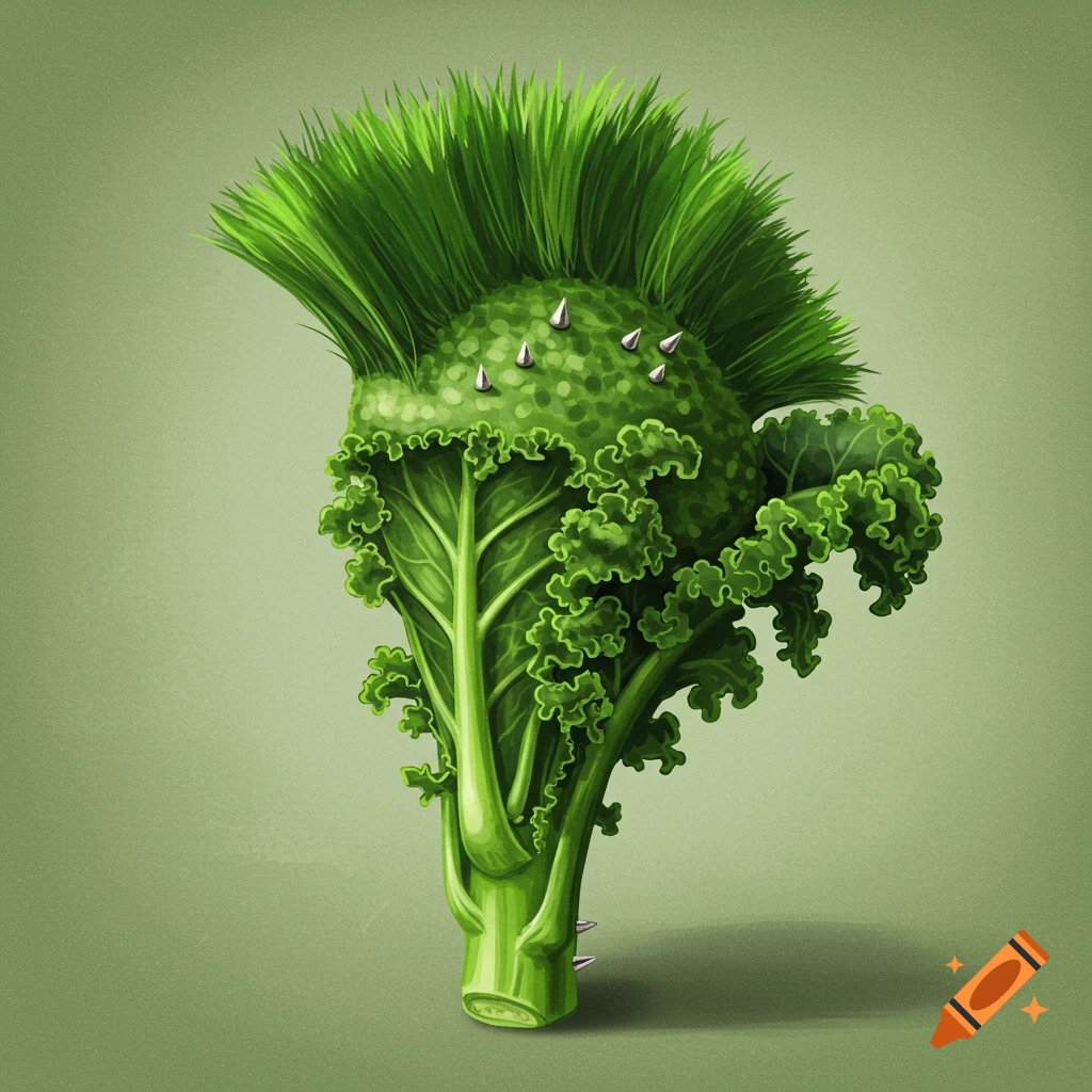 A piece of kale with a grass mohawk and small spikes on its head.