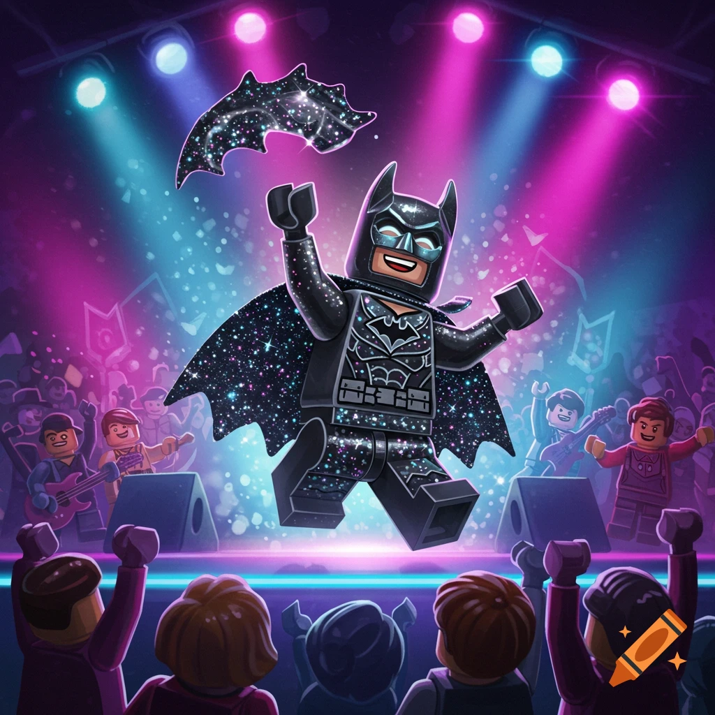 A Lego figure of glam Batman performs on a concert stage with lights and audience.