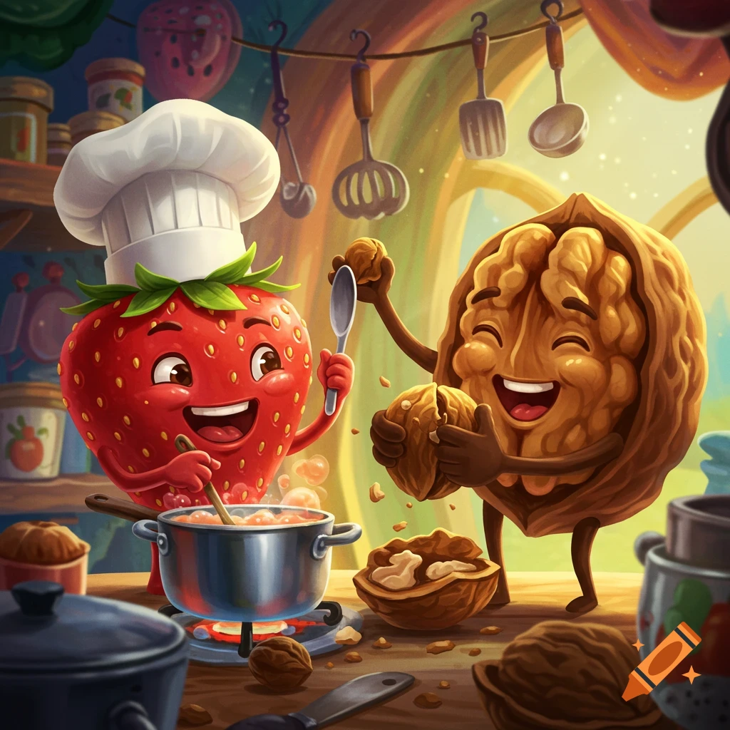 Cartoon strawberry chef and walnut cooking together in a kitchen.
