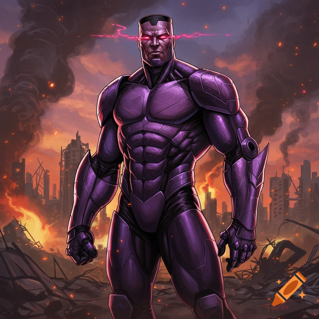 Purple-armored superhero stands in a destroyed city with lasers from his eyes.