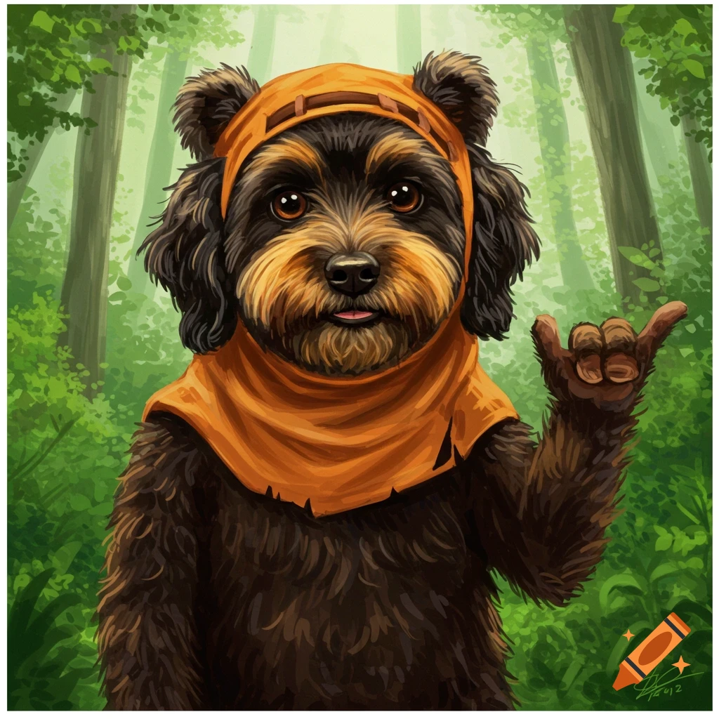 A dog dressed as an Ewok giving a hang-loose sign in a forest.