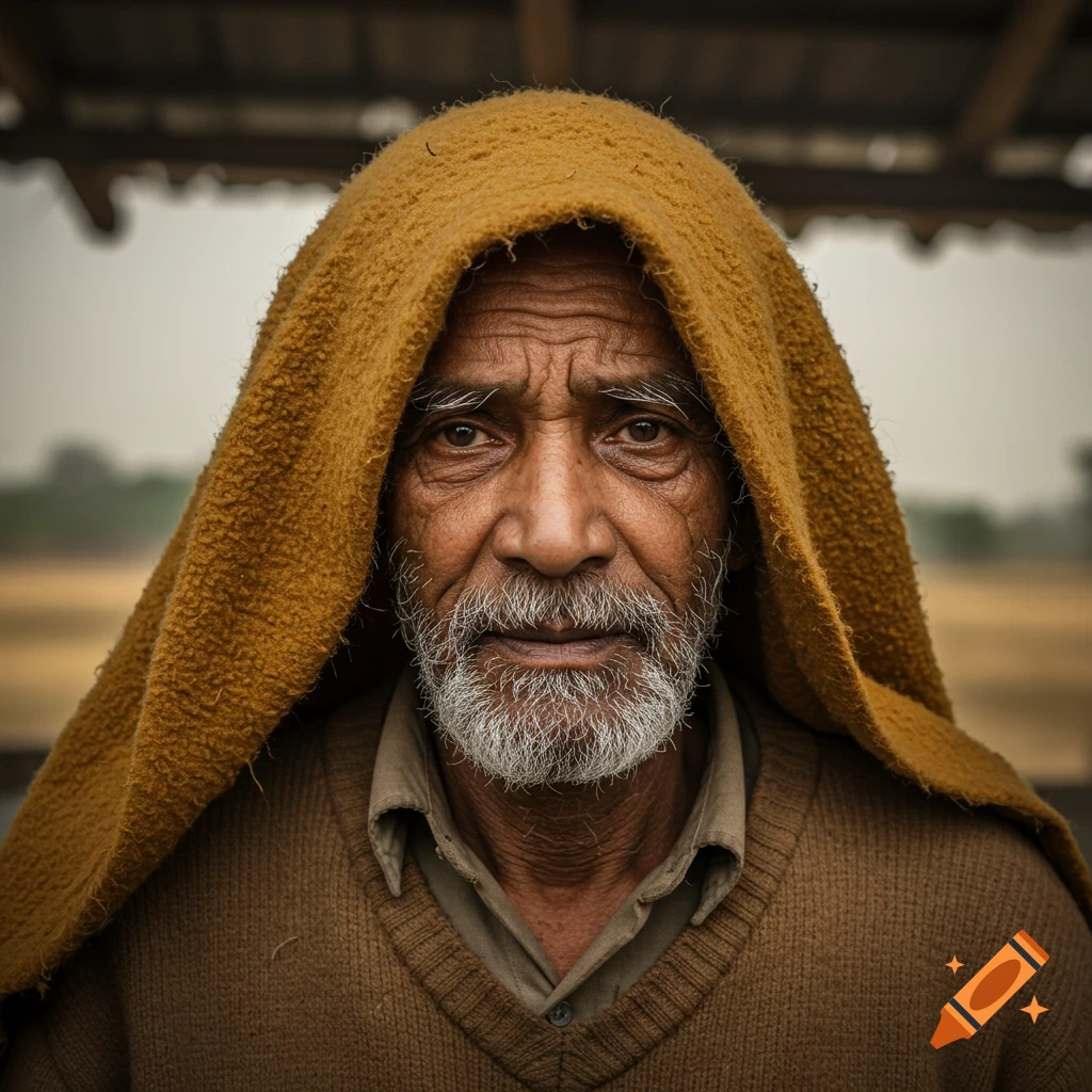 A close-up portrait of an old man with a white beard wearing a brown sweater and a yellow blanket hood.