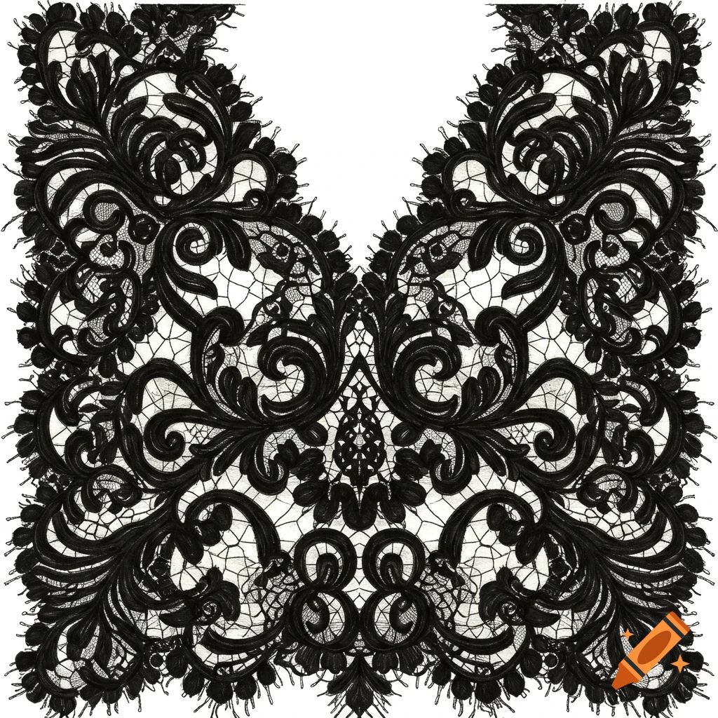 A detailed black lace pattern against a white background.