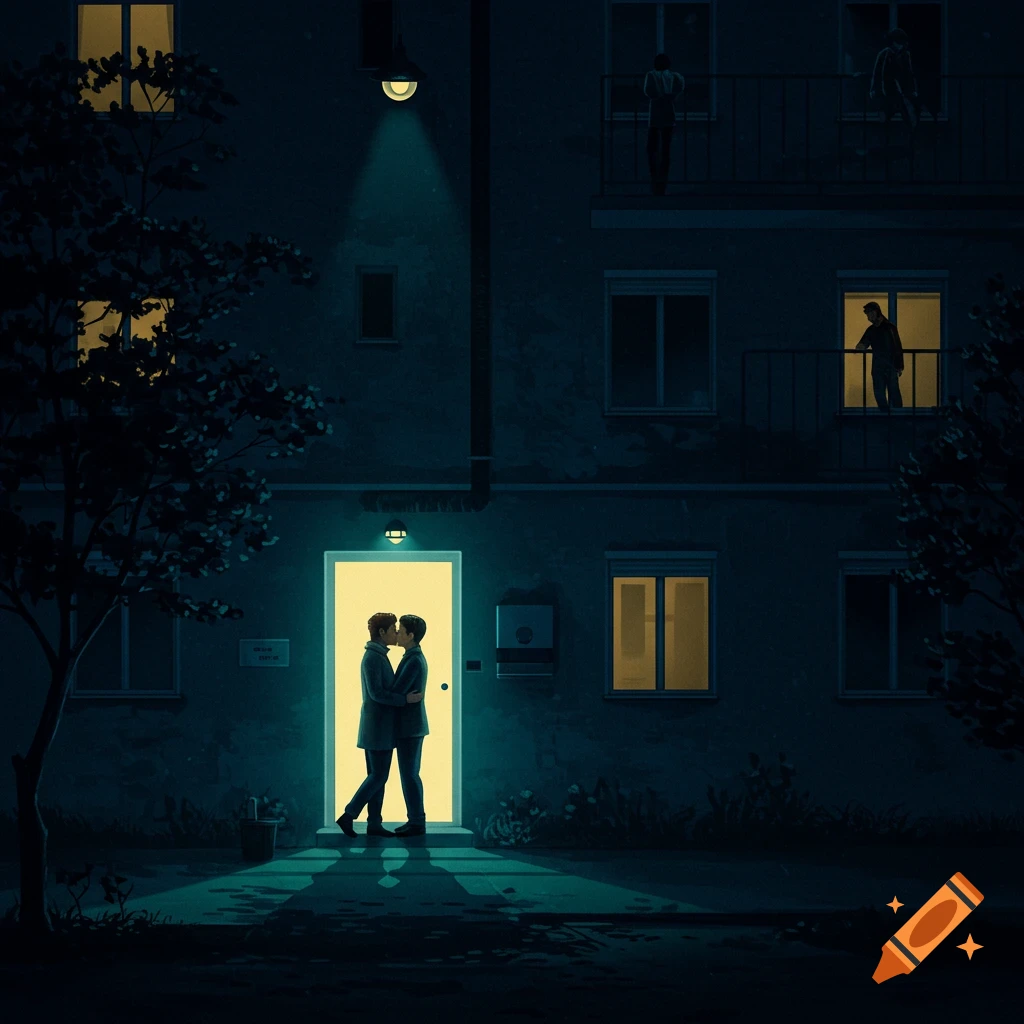 A couple kisses in a bright doorway at night outside an apartment building. Others watch from windows and balconies. Stylized, moody.