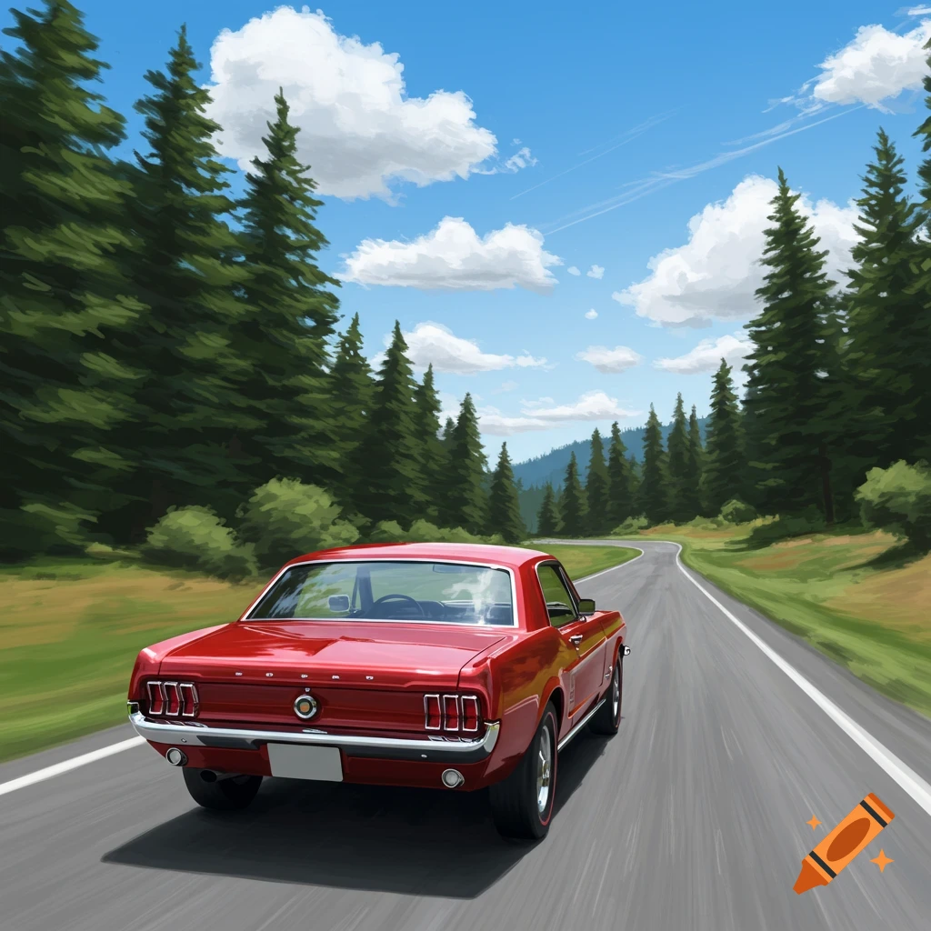 Red classic car drives on a winding road through a forest landscape.