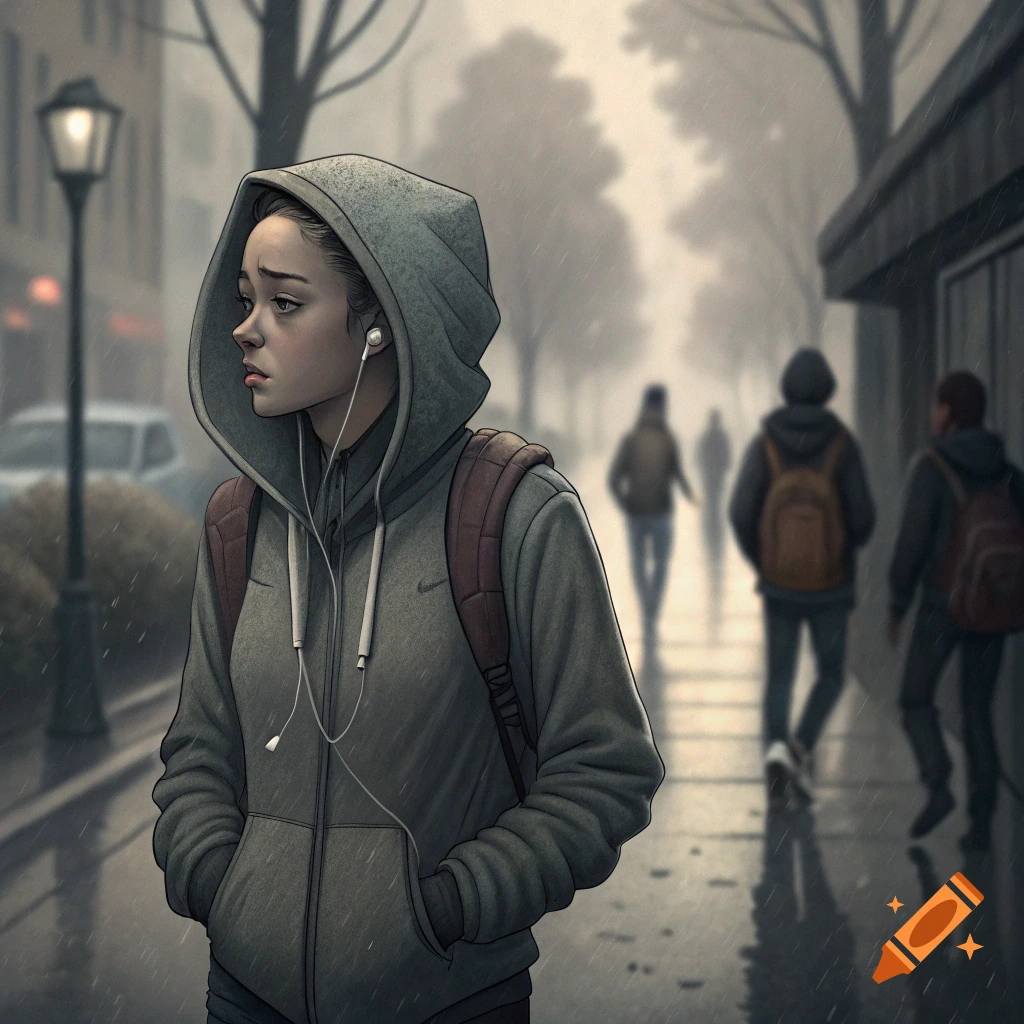 Young person in a grey hoodie and earbuds walks down a rainy city street