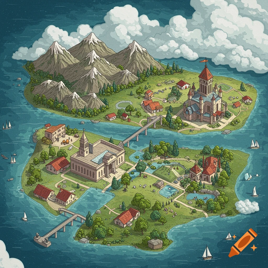 Illustrated map of an island with mountains, buildings, and boats.
