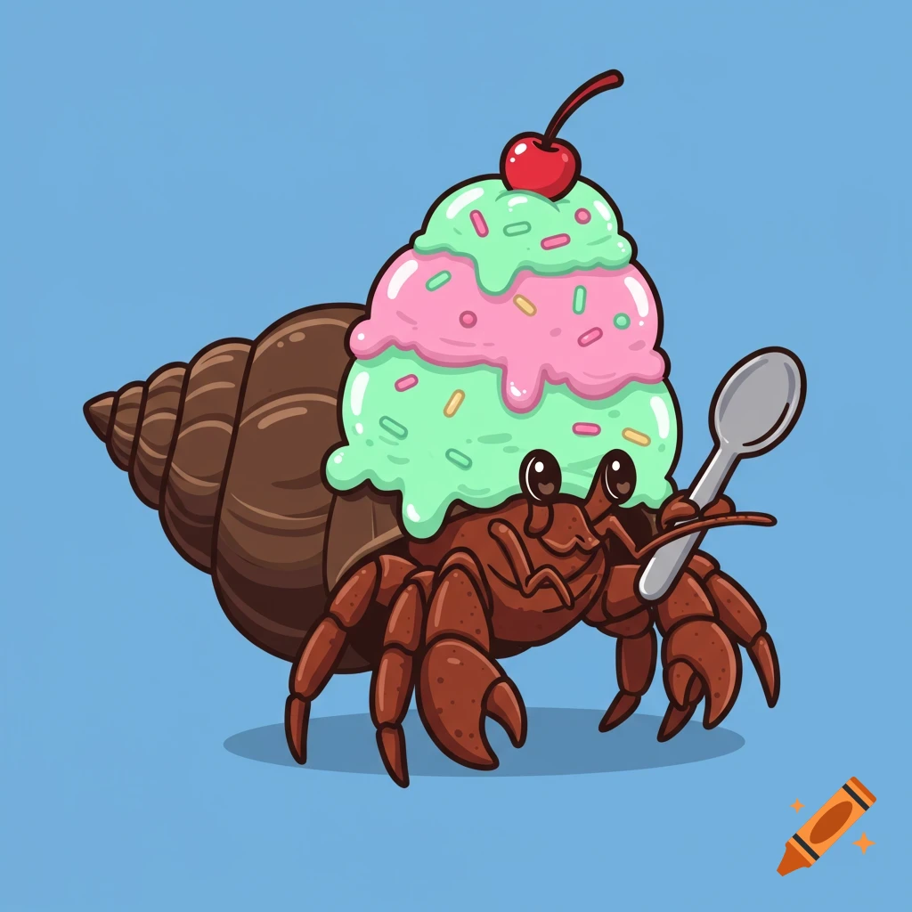 Cartoon hermit crab carrying a shell made of ice cream and holding a spoon.