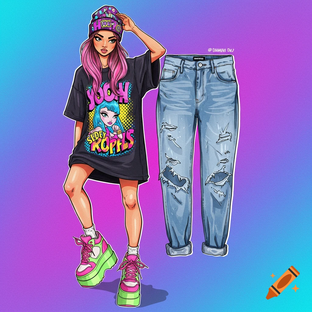 A girl in a skater outfit with ripped jeans and platform shoes.