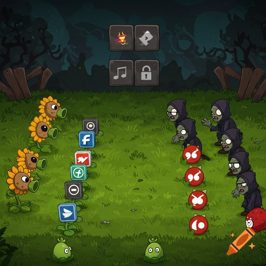 Cartoon game scene like Plants vs. Zombies, with sunflowers and tech logos defending against zombie-like hackers.