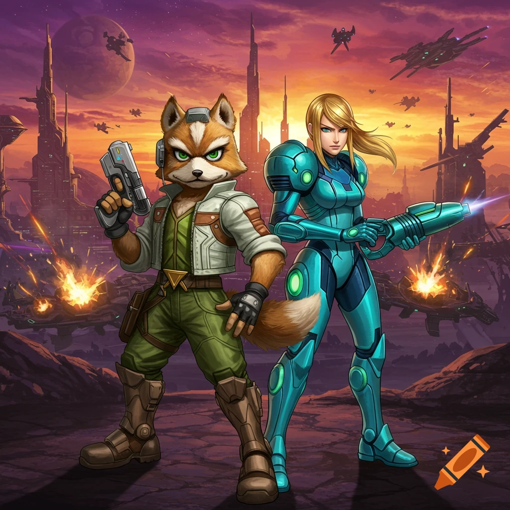 Fox McCloud and Samus Aran stand in a futuristic city landscape at sunset, holding weapons.