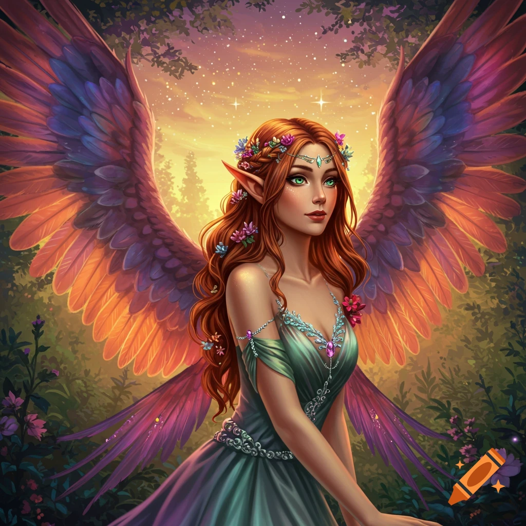 A winged female elf with colorful wings and flowers in her hair in a forest at sunset.