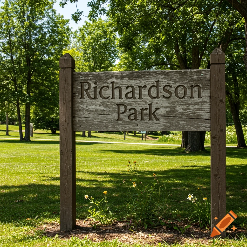 A wooden sign reading 'Richardson Park' stands in a grassy park.
