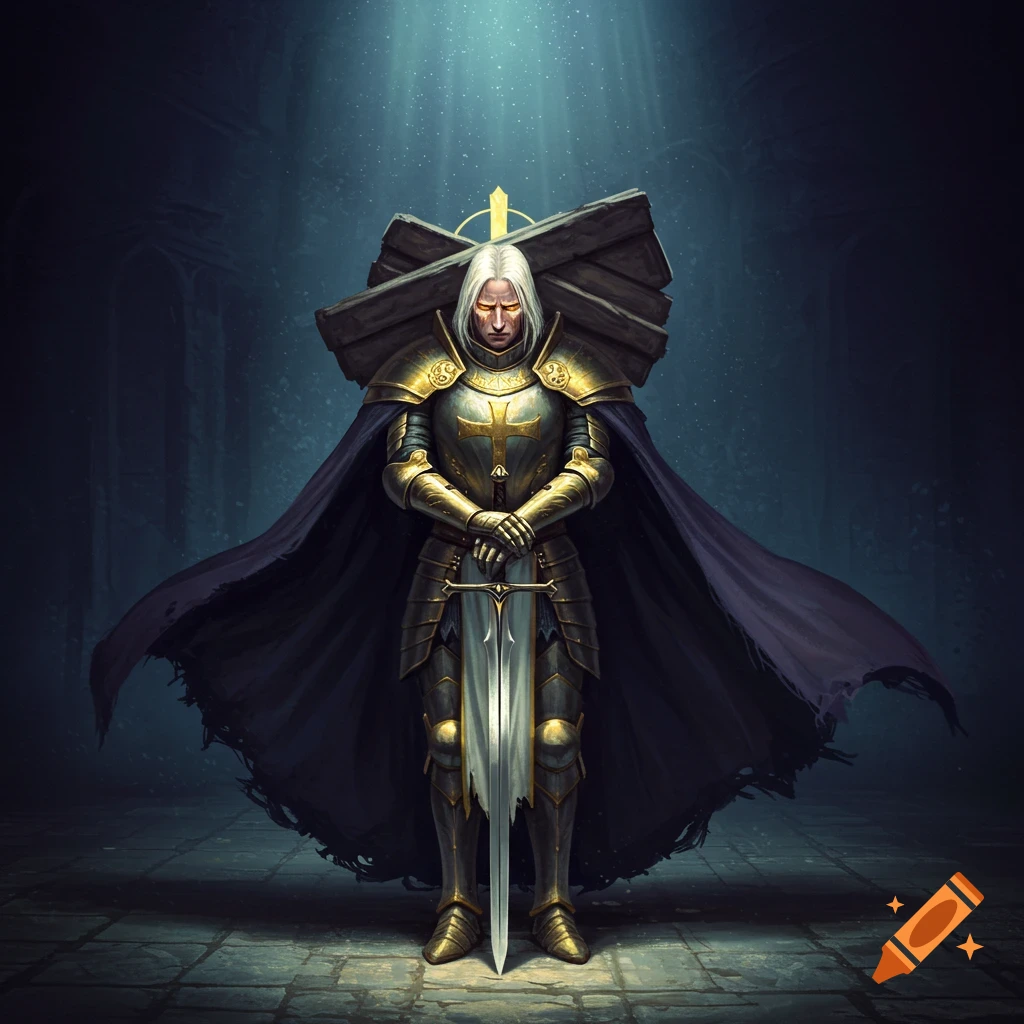 A knight in golden armor holding a sword, weighed down by a wooden cross, in a dark, dramatic setting.
