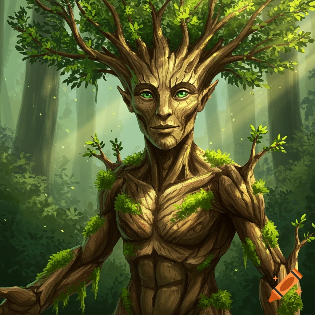 A tree spirit or ent-like humanoid figure stands in a forest.